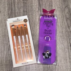 4-Piece Pro Eye Brush Set + Makeup Brush Cleaning Pad & Holder with Suction Cup